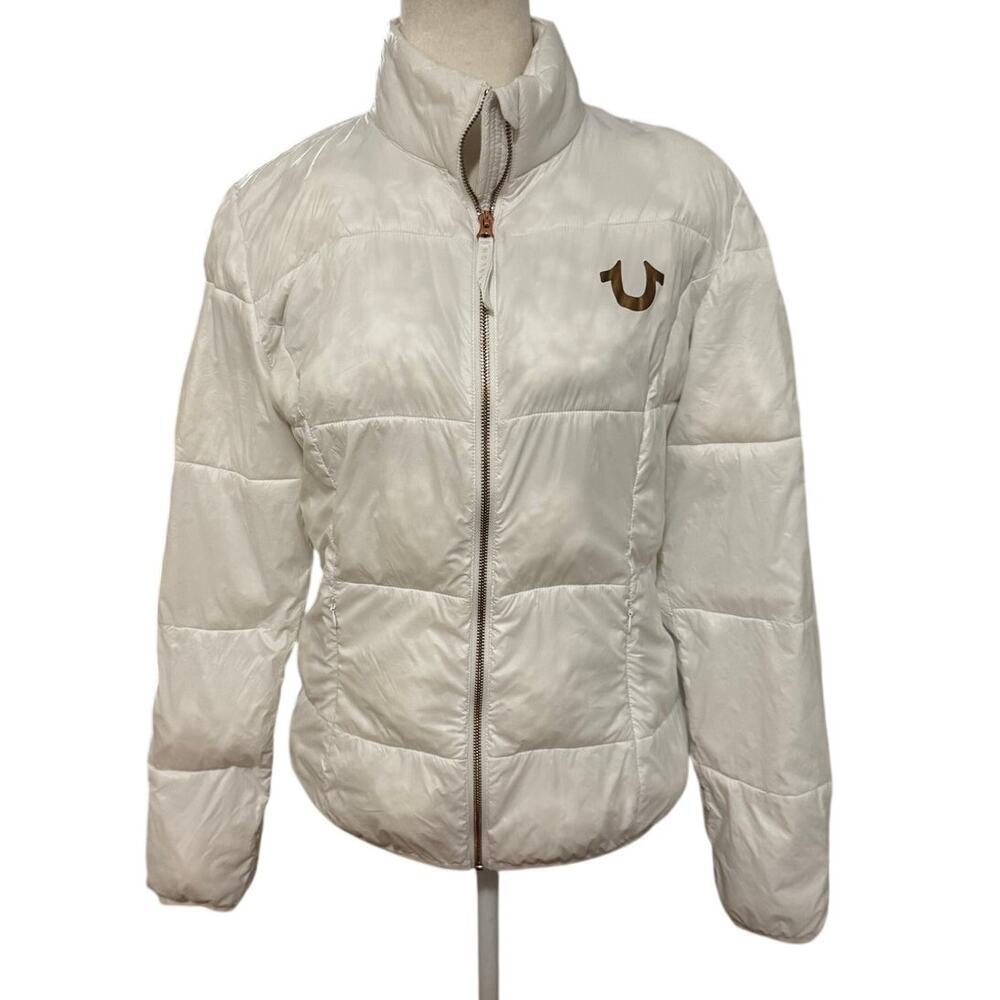 True Religion White Lightweight Puffer Jacket Women’s Medium Logo Zip Coat